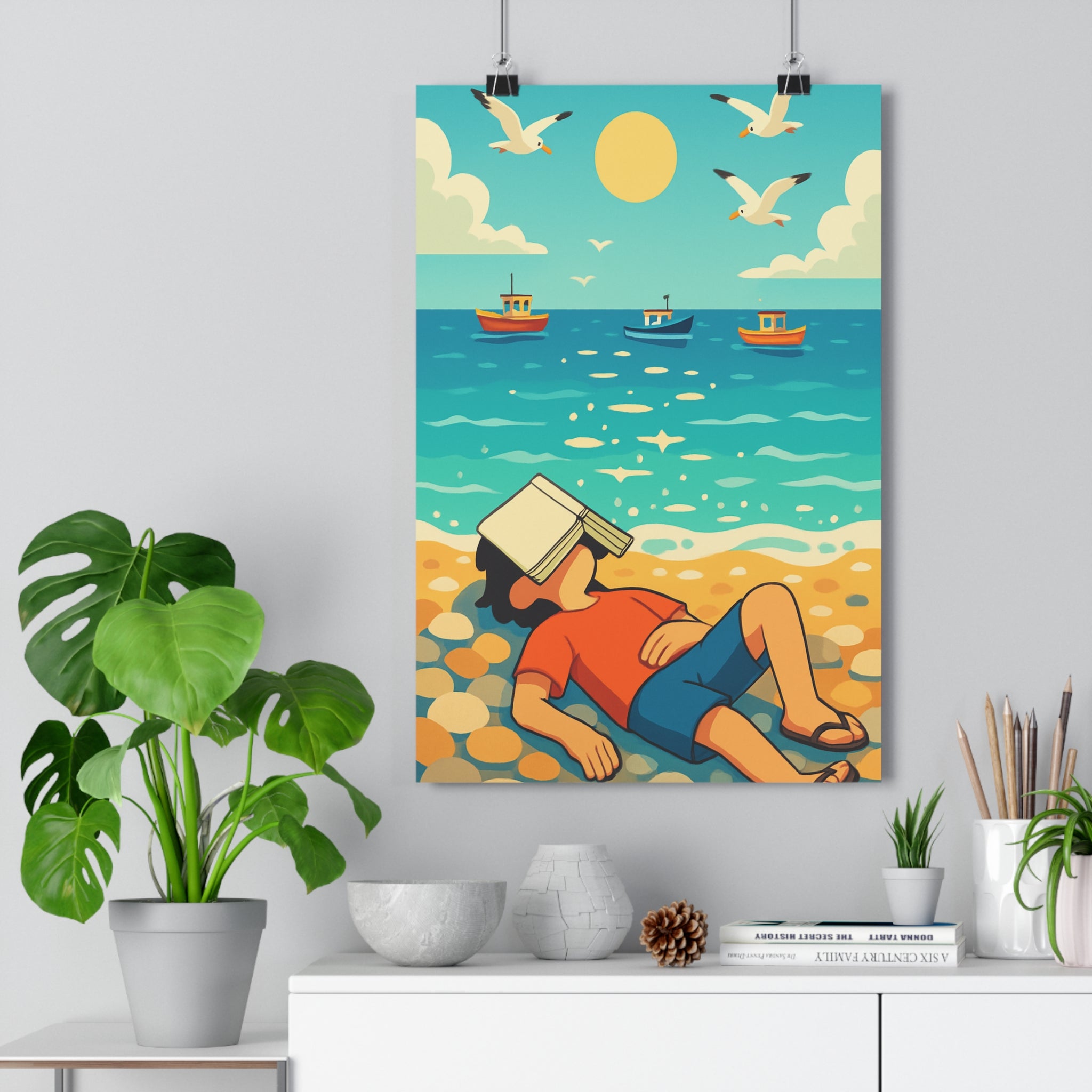 Poster décoratif anime méditerranéen plage calme ciel bleu soleil salon paisible moderne été ambiance