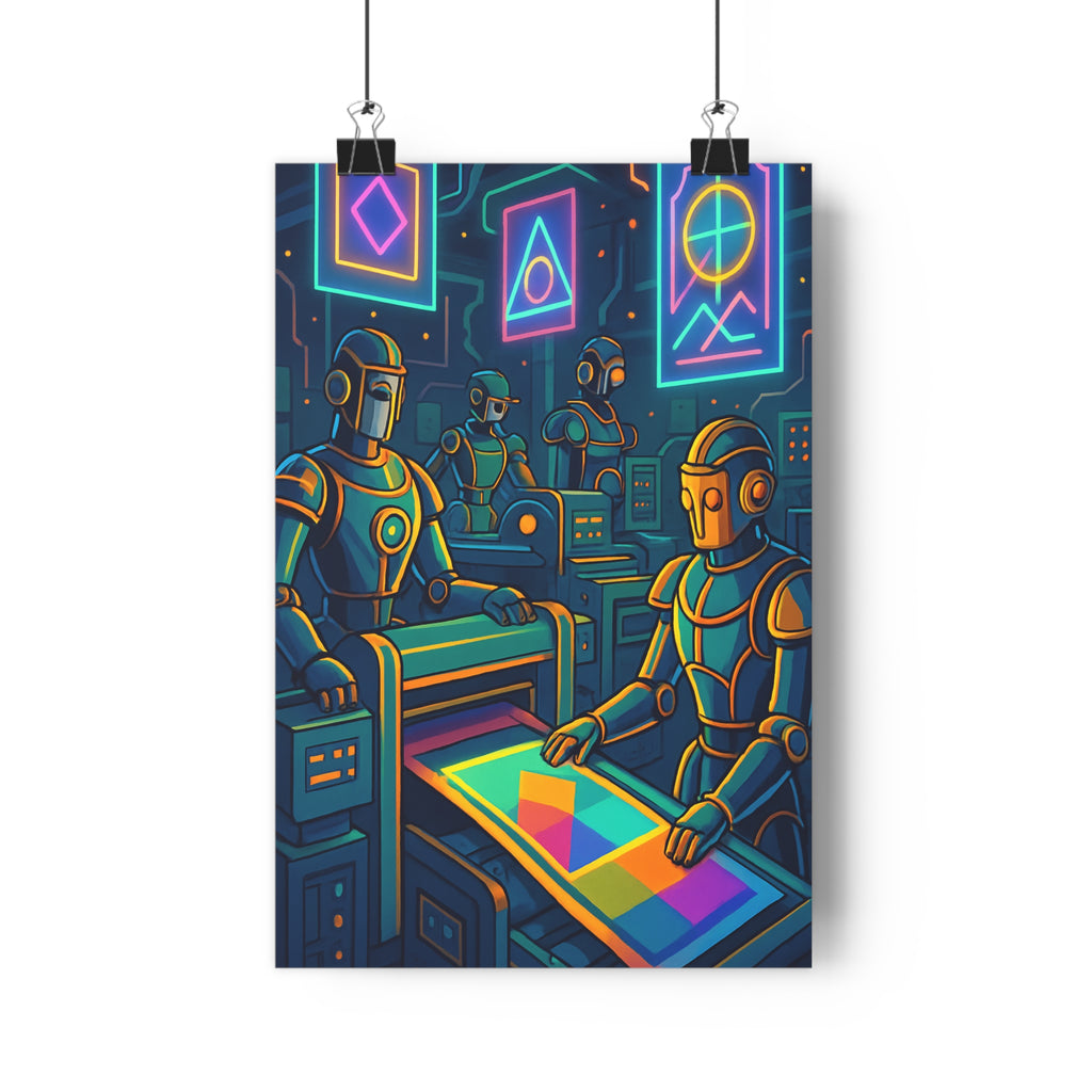 Poster décoratif futuriste robots cyberpunk néon bleu rose jaune moderne salon chambre bureau ambiance