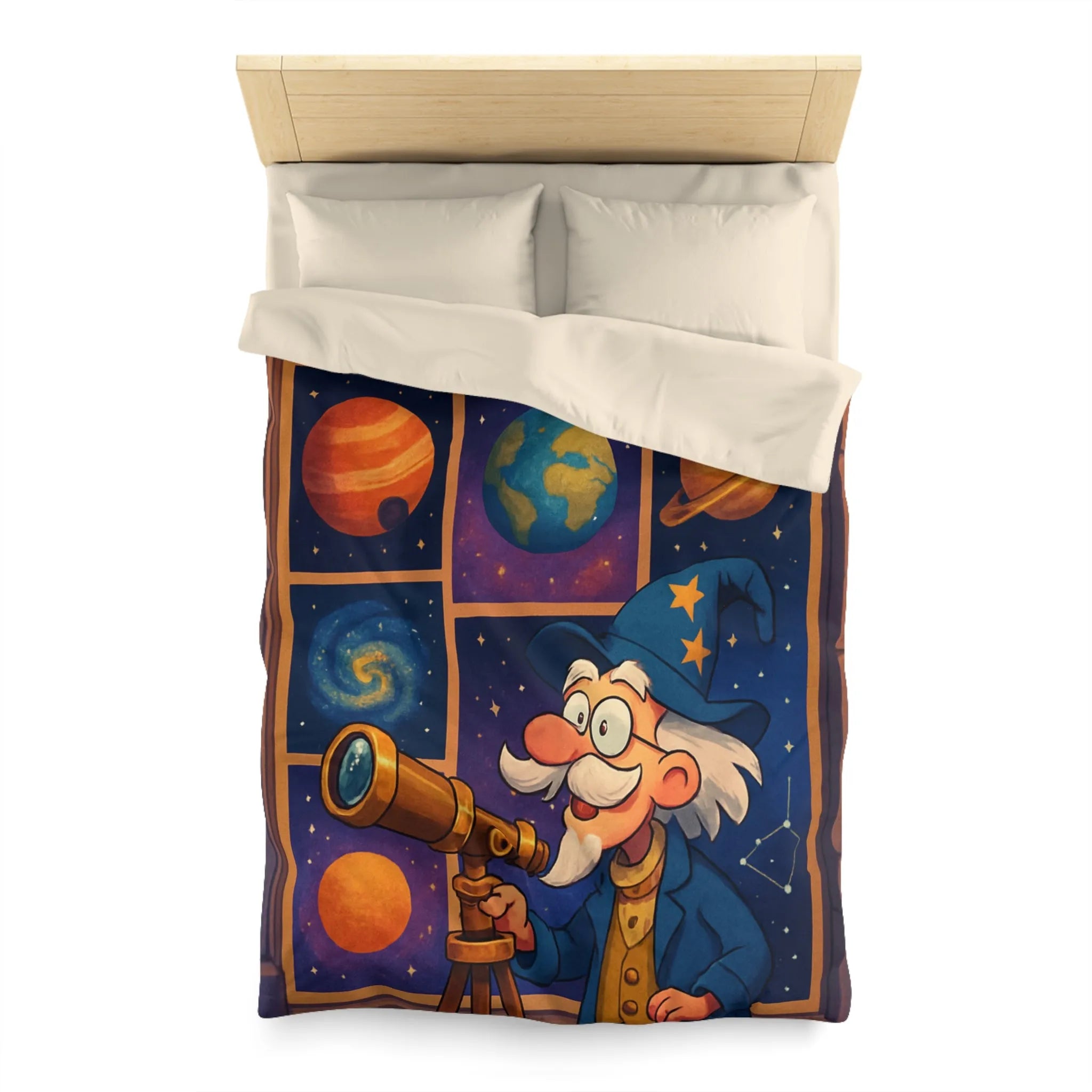 Housse de couette colorée avec astronome et planètes pour chambre d'enfant magique