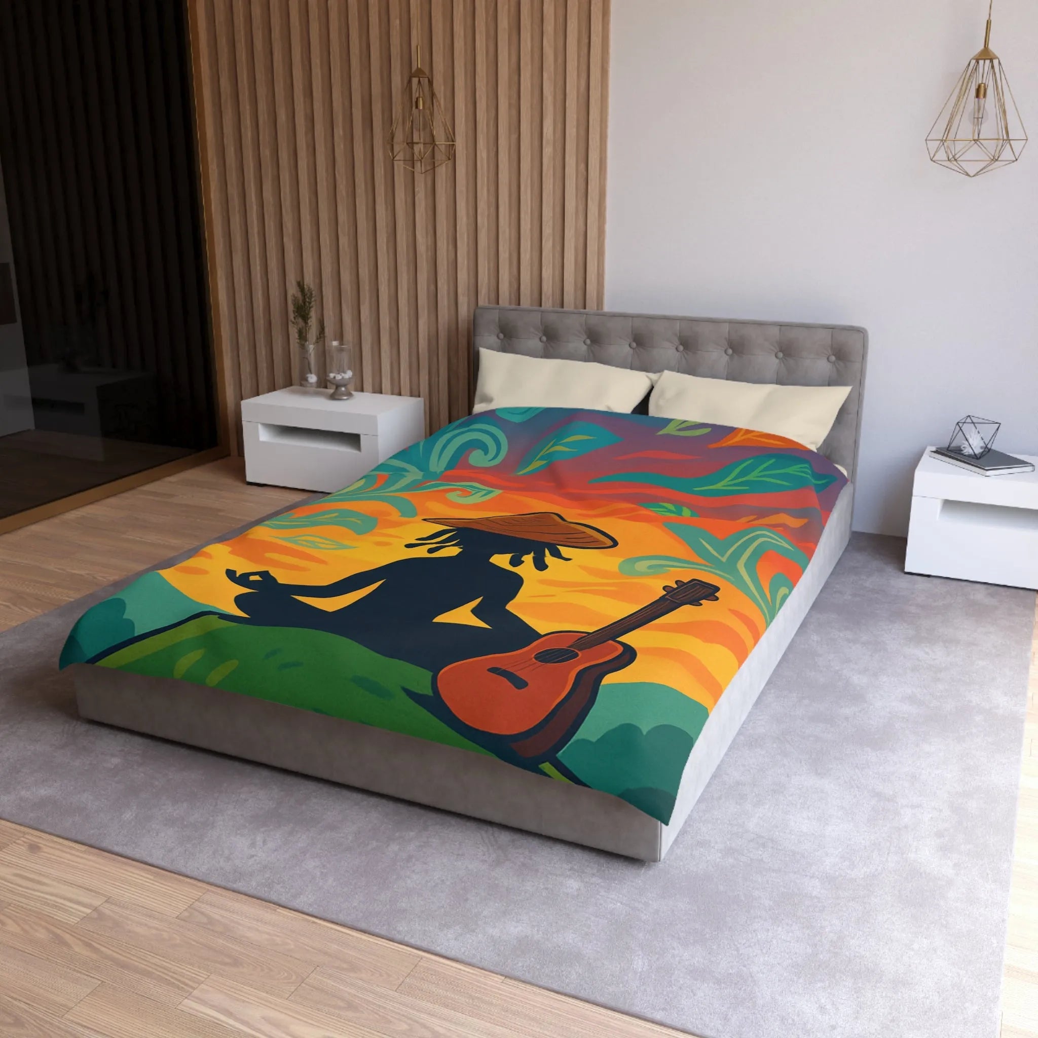 Housse de couette avec silhouette méditative et nature vibrante sous coucher de soleil coloré