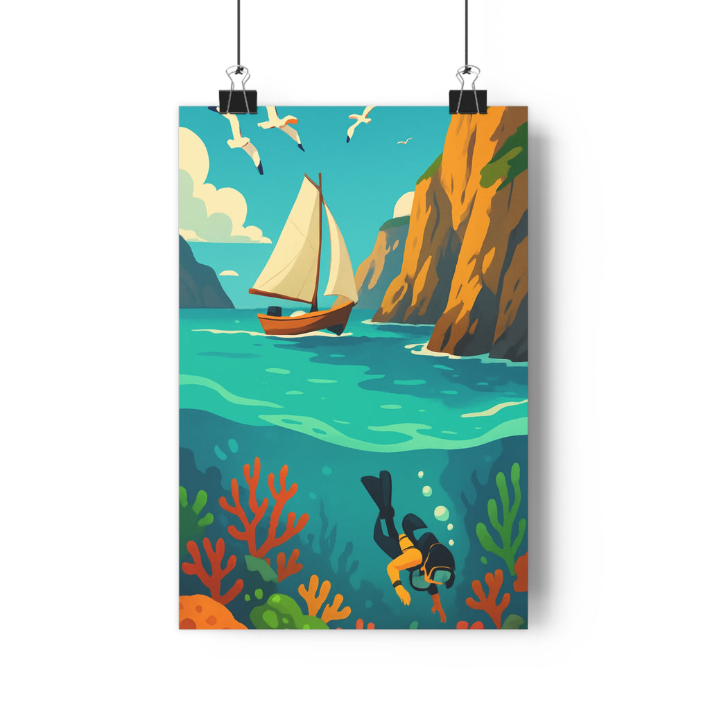 Poster décoratif cartoon aventure bleu vert salon chambre évasion artistique côtier voilier falaises plongeur