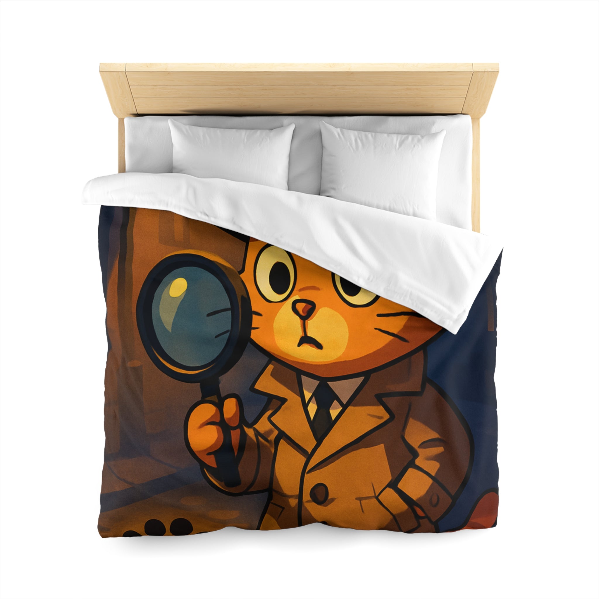 Housse de couette motif chat détective illustré avec lampe et empreinte mystérieuse