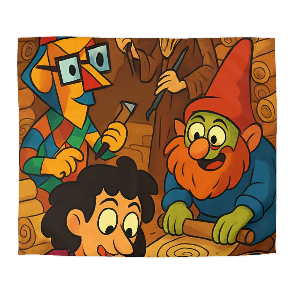 Housse de couette illustrée ambiance atelier fantasy avec gnomes et textures chaleureuses colorées