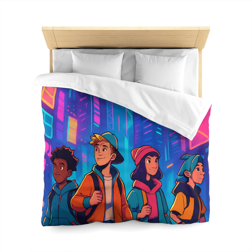 Couette Futuriste Enfants Explorateurs Style Rétro-Cyberpunk avec Néons Colorés pour Chambre Moderne