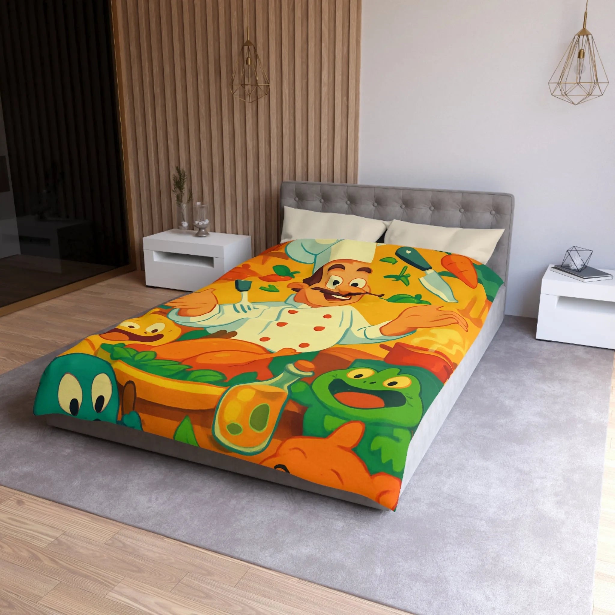 Housse de couette colorée avec chef animé, légumes et ustensiles pour enfants