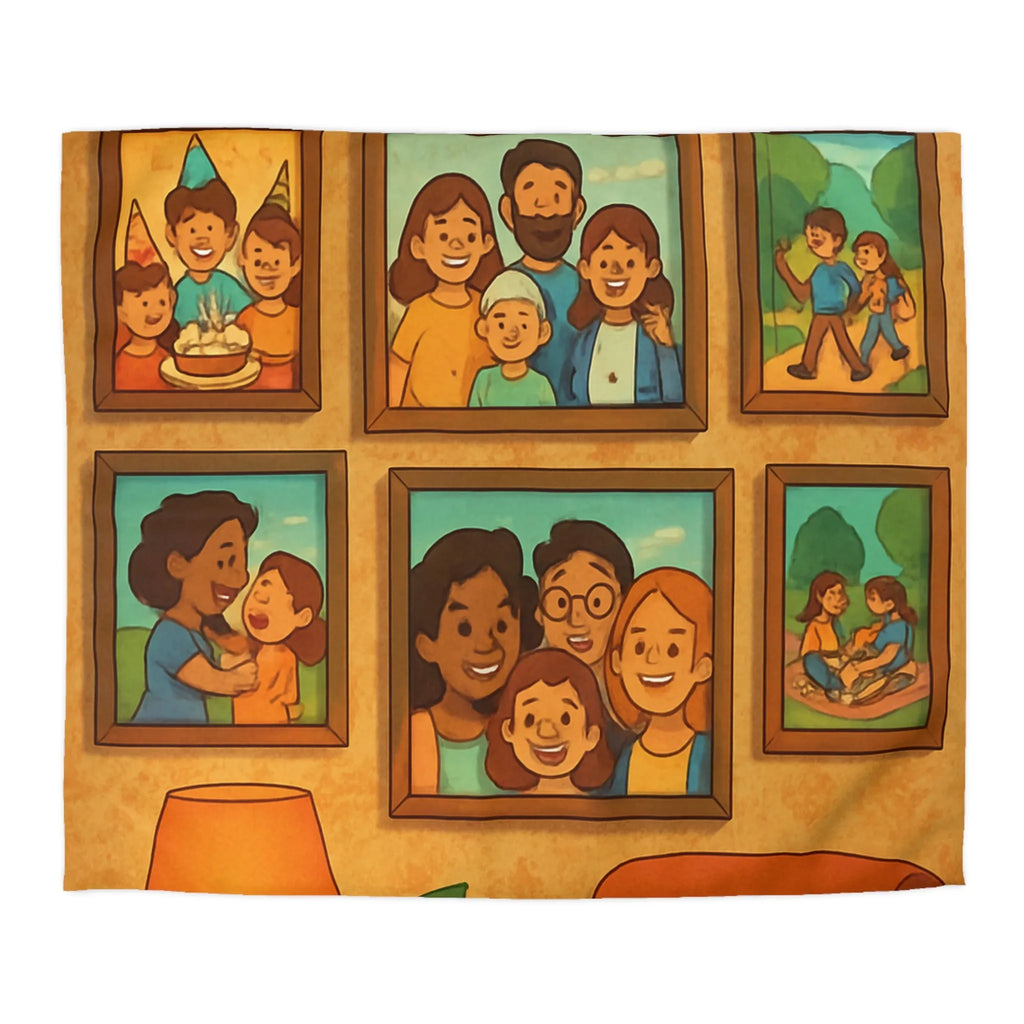 Housse de Couette Famille Heureuse avec Cadres Photo et Éléments Vintage pour Chambre