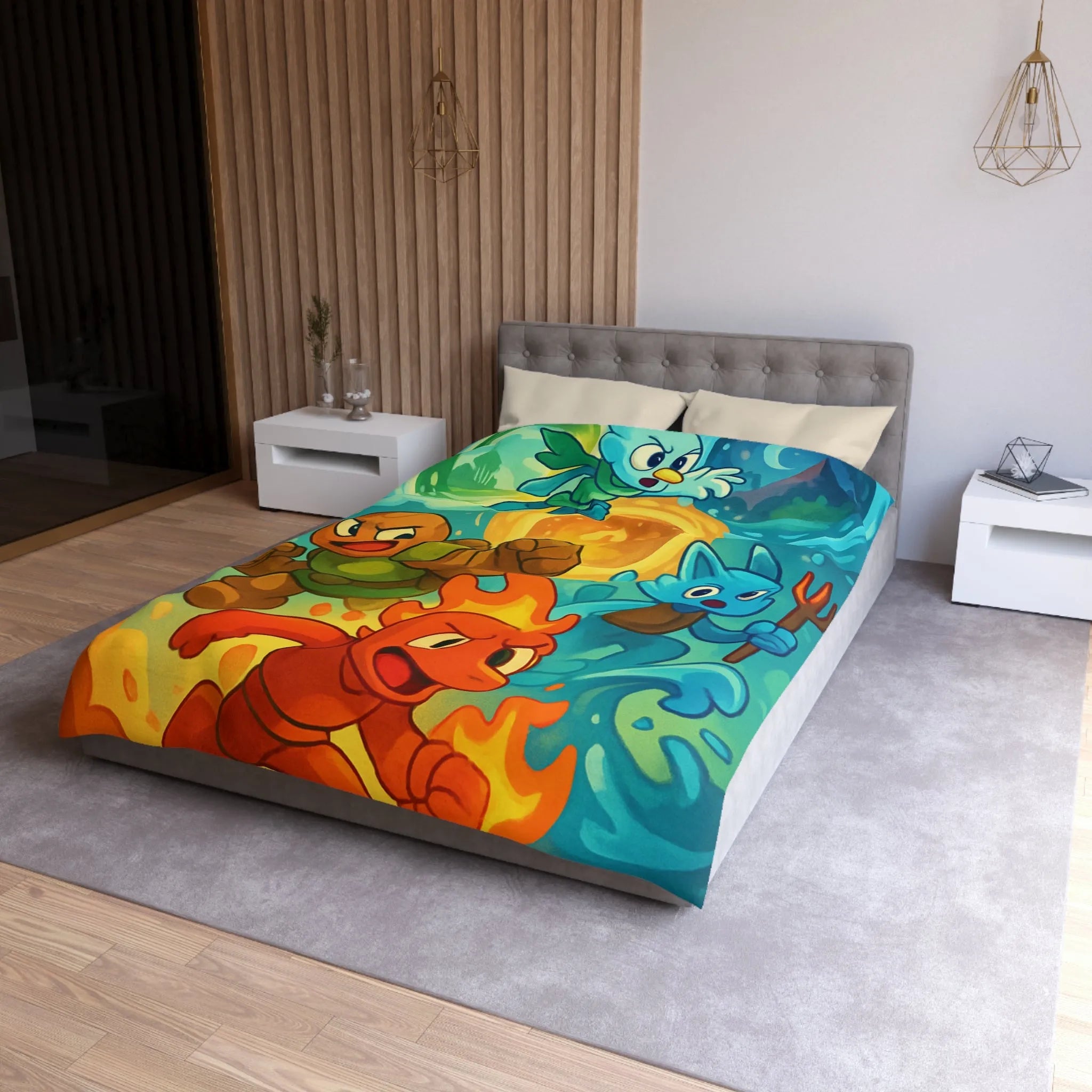 Housse de couette colorée avec motif de personnages d'éléments dans style aventure fantastique