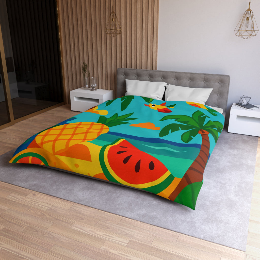 Housse de couette tropicale colorée avec fruits exotiques et oiseaux vibrants sur la plage
