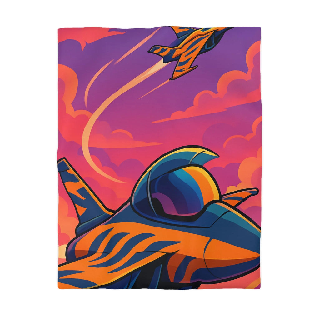 Housse de couette avec motifs de jets colorés volant dans un ciel vibrant