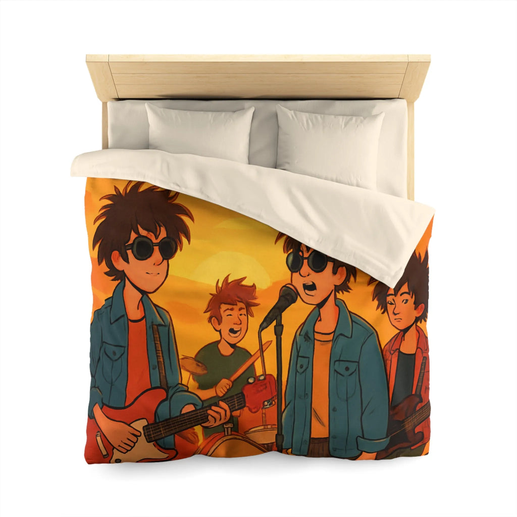Housse de couette ensoleillée avec musiciens, ambiance rétro pour chambres modernes et vintage