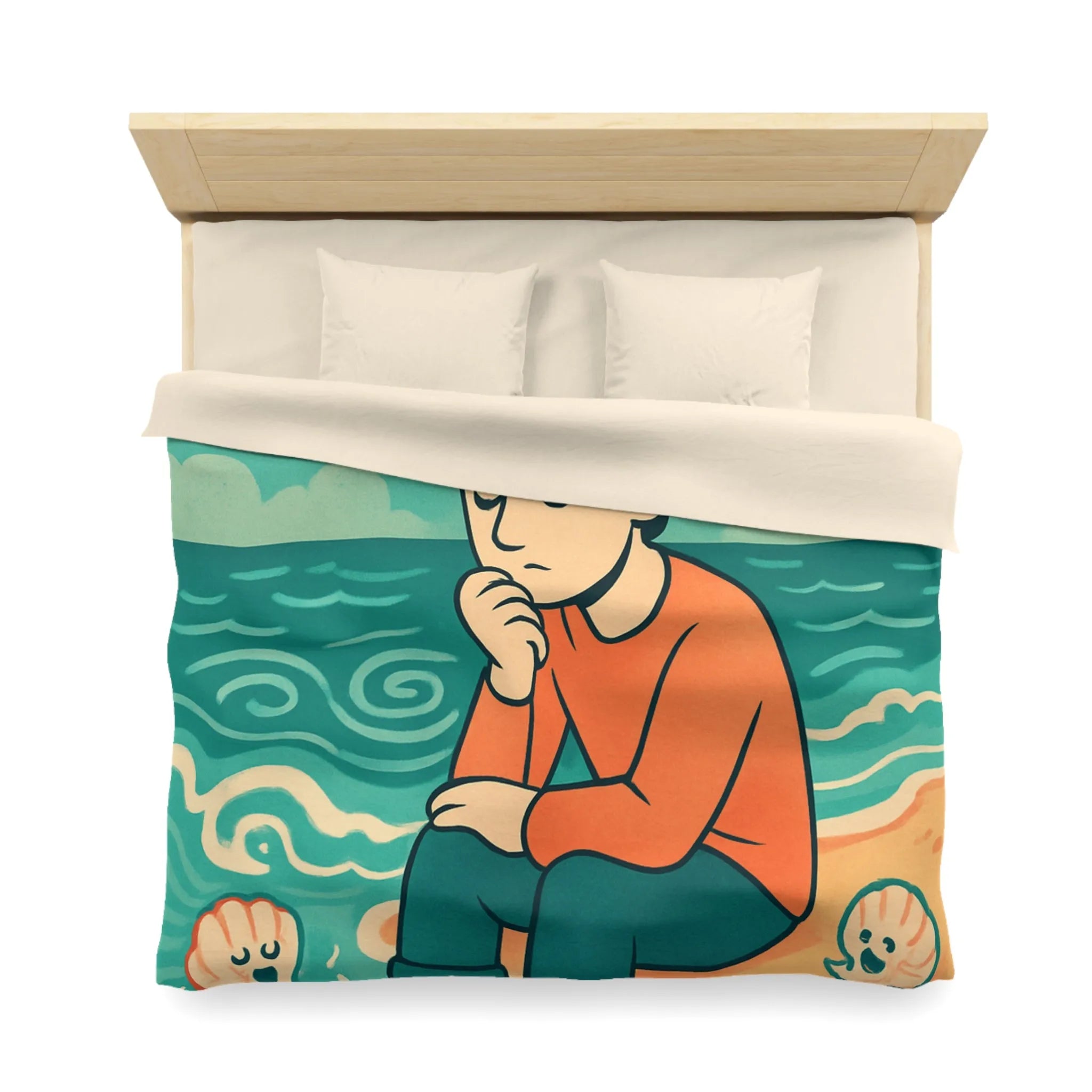 Housse de couette avec illustration rêveuse garçon pensif et coquillages joyeux sur plage