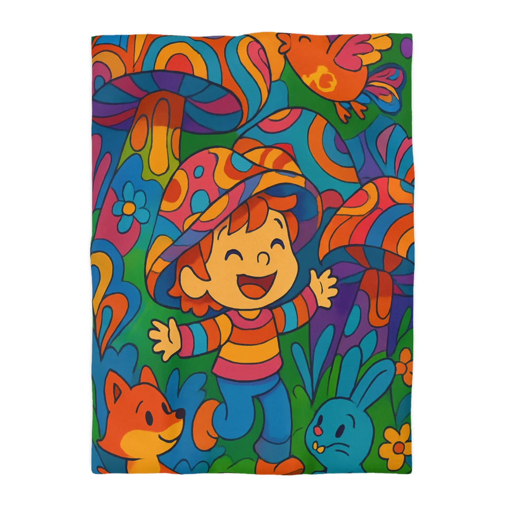 Housse de couette enfant joyeuse avec animaux en forêt style rétro arc-en-ciel