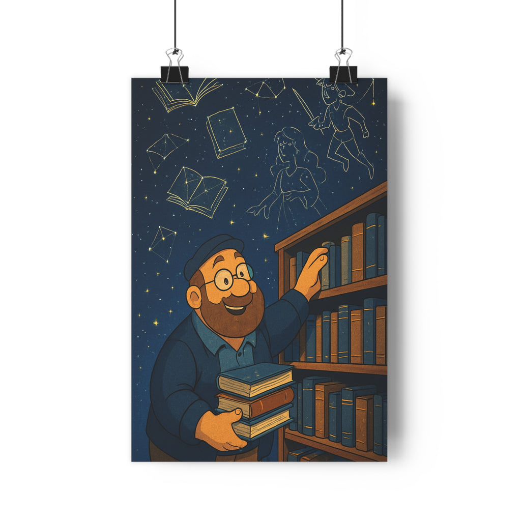 Poster décoratif bibliothèque étoilée homme souriant livres flottants cartoon rêveur magique bleu doré chambre