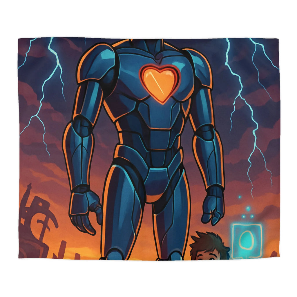 Housse de couette illustrée robot et enfant avec cœur lumineux et ciel orageux