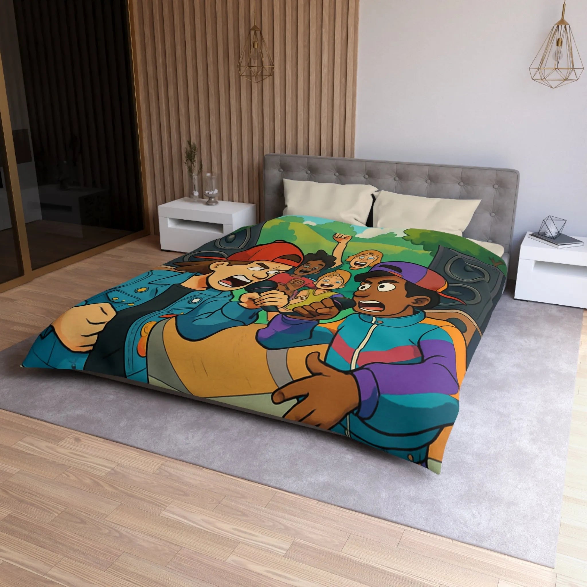 Housse de couette colorée style urbain avec jeunes en compétition de rap animée