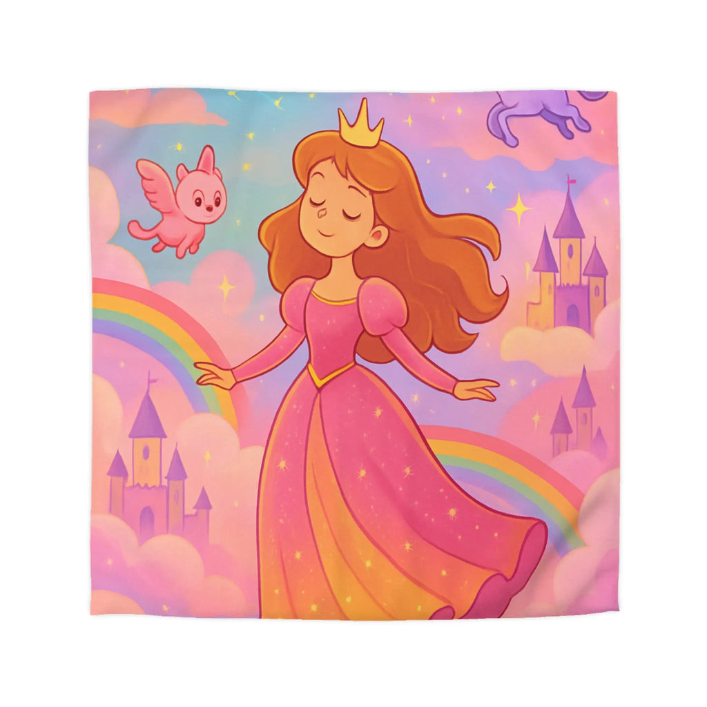 Housse de couette féerique avec princesse et animaux volants, arc-en-ciel pastel doux