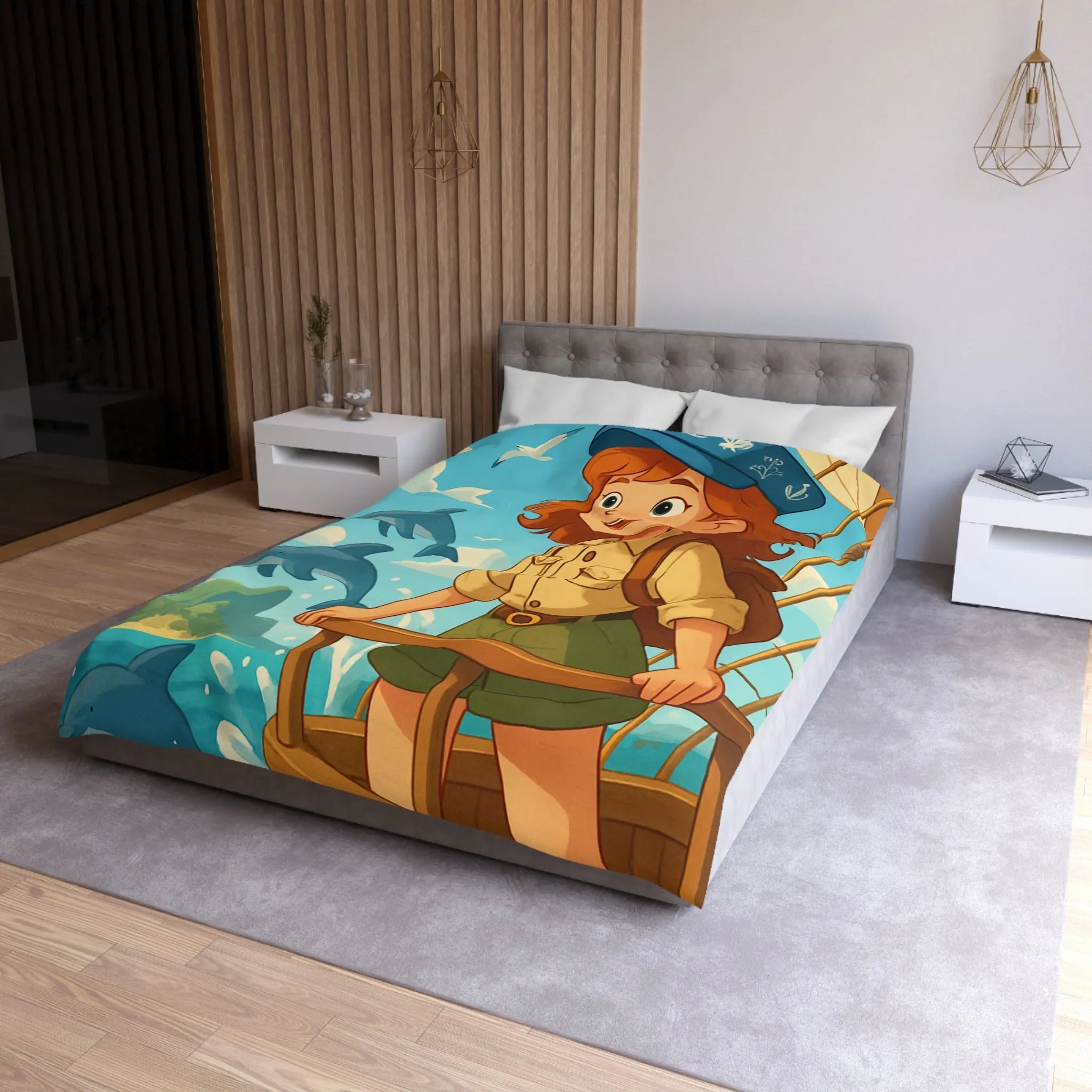 Housse de couette aventure nautique enfantine avec dauphins, voile et exploration marine animée
