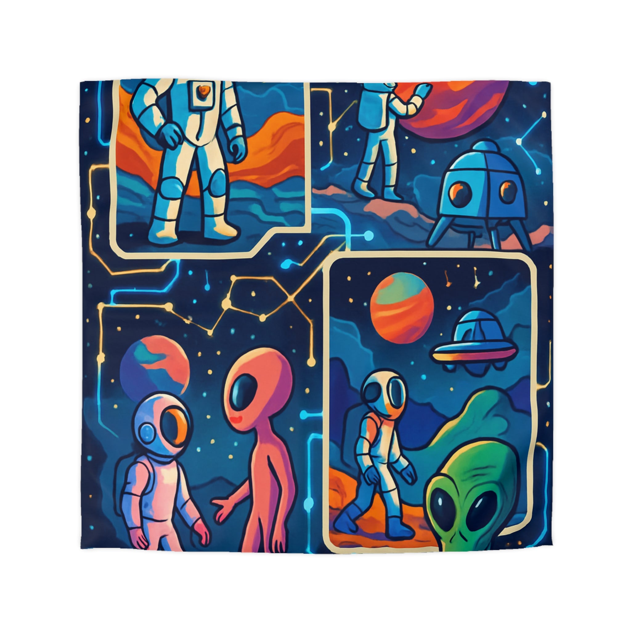 Housse de couette spatiale colorée avec extraterrestres et planètes dans l'espace cosmique