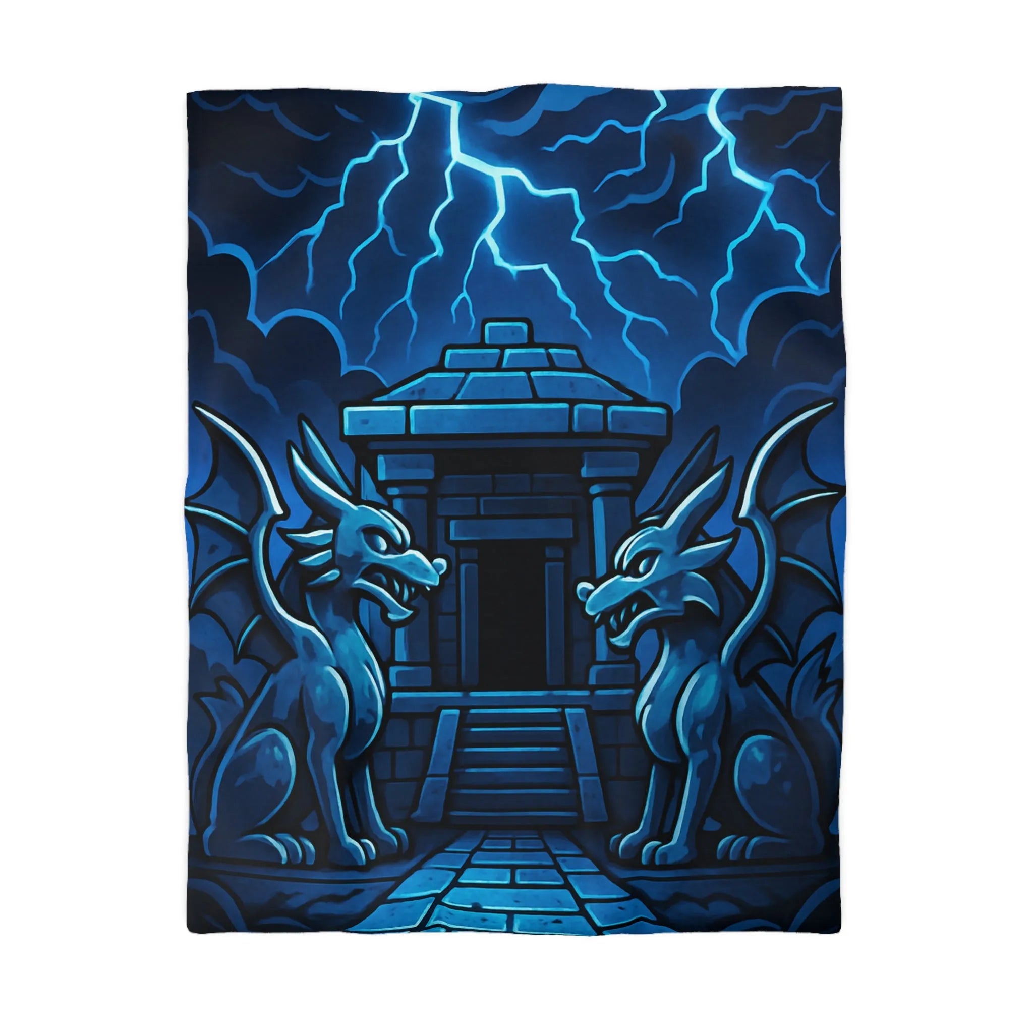 Housse de Couette Dragon Fantastique avec Temple Mystique sous Orage Nocturne en Sécurité
