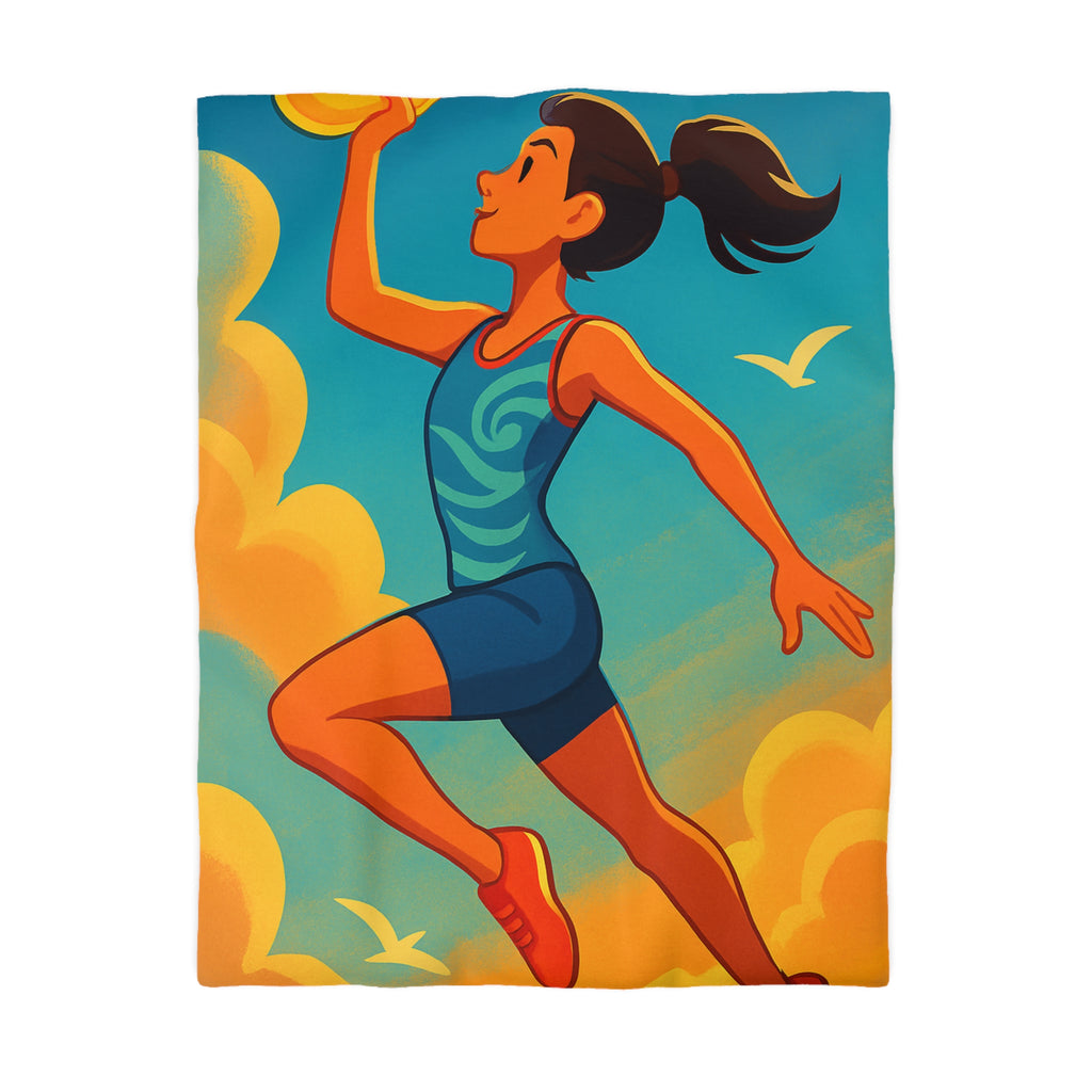 Housse de couette sportive colorée, femme jouant freesbee sous ciel bleu dynamique ultime