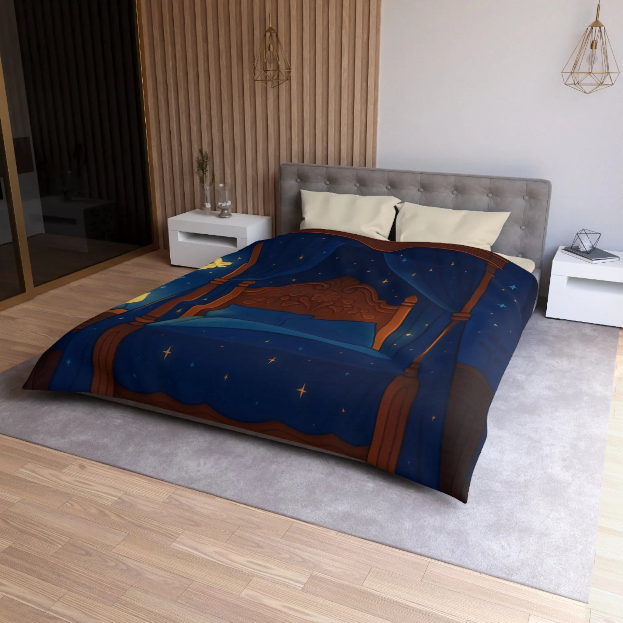 Housse de couette bleue étoilée avec fées et chat endormi, ambiance féérique