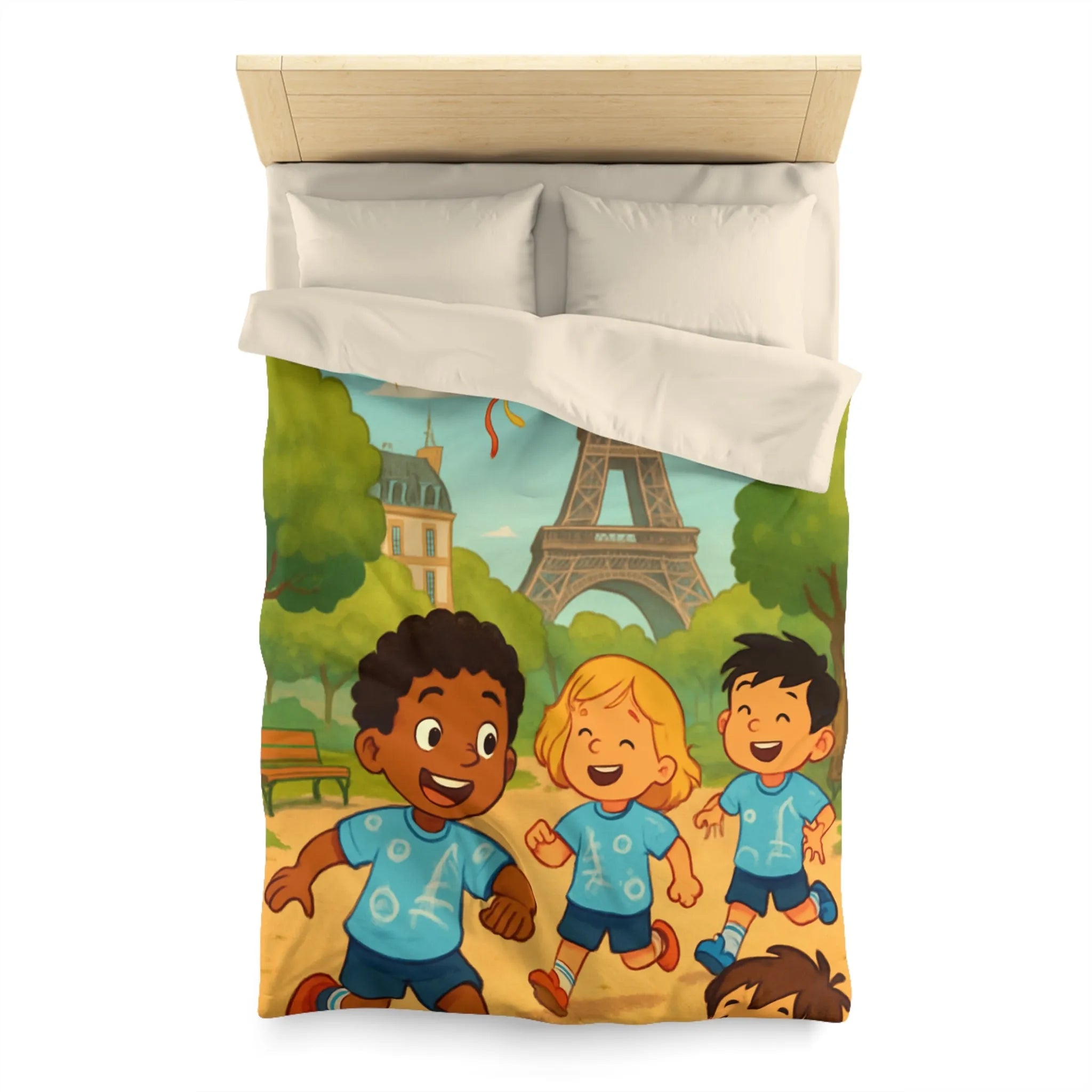 Housse de couette enfant avec tour iconique et cerfs-volants colorés en arrière-plan