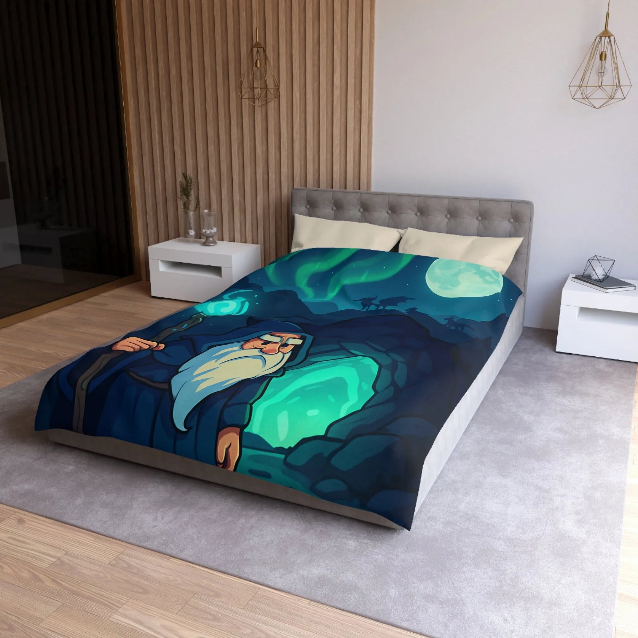 Housse de couette avec illustration de sorcier sous une aurore boréale et pleine lune