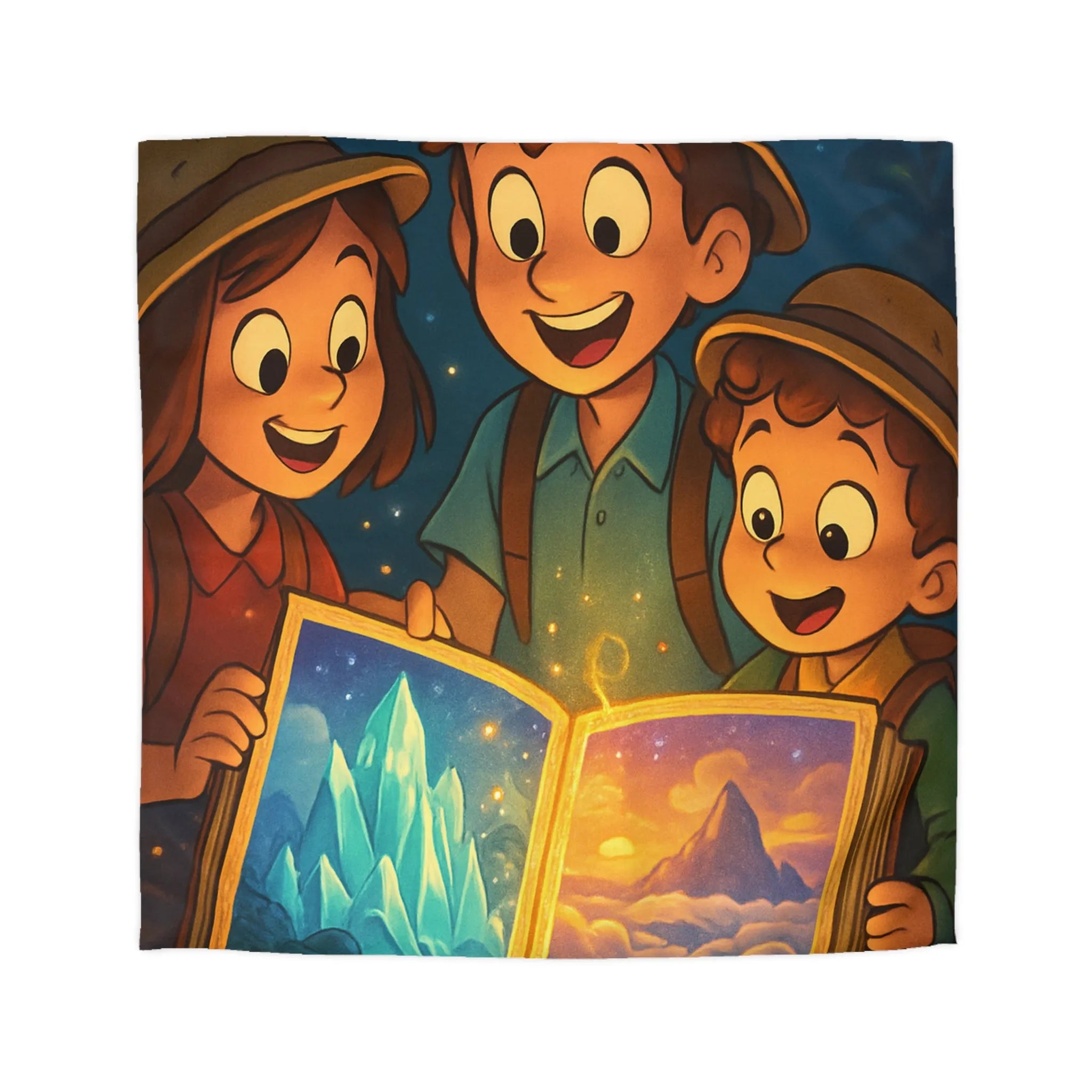 Housse de couette magique avec enfants explorant livre lumineux sous ciel étoilé
