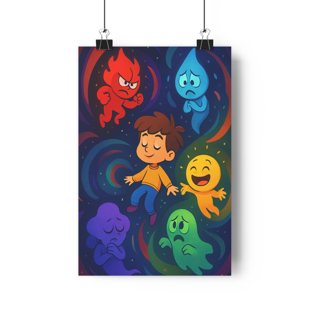 Poster décoratif animé rouge bleu jaune vert violet chambre enfant art vibrant surréaliste émotions
