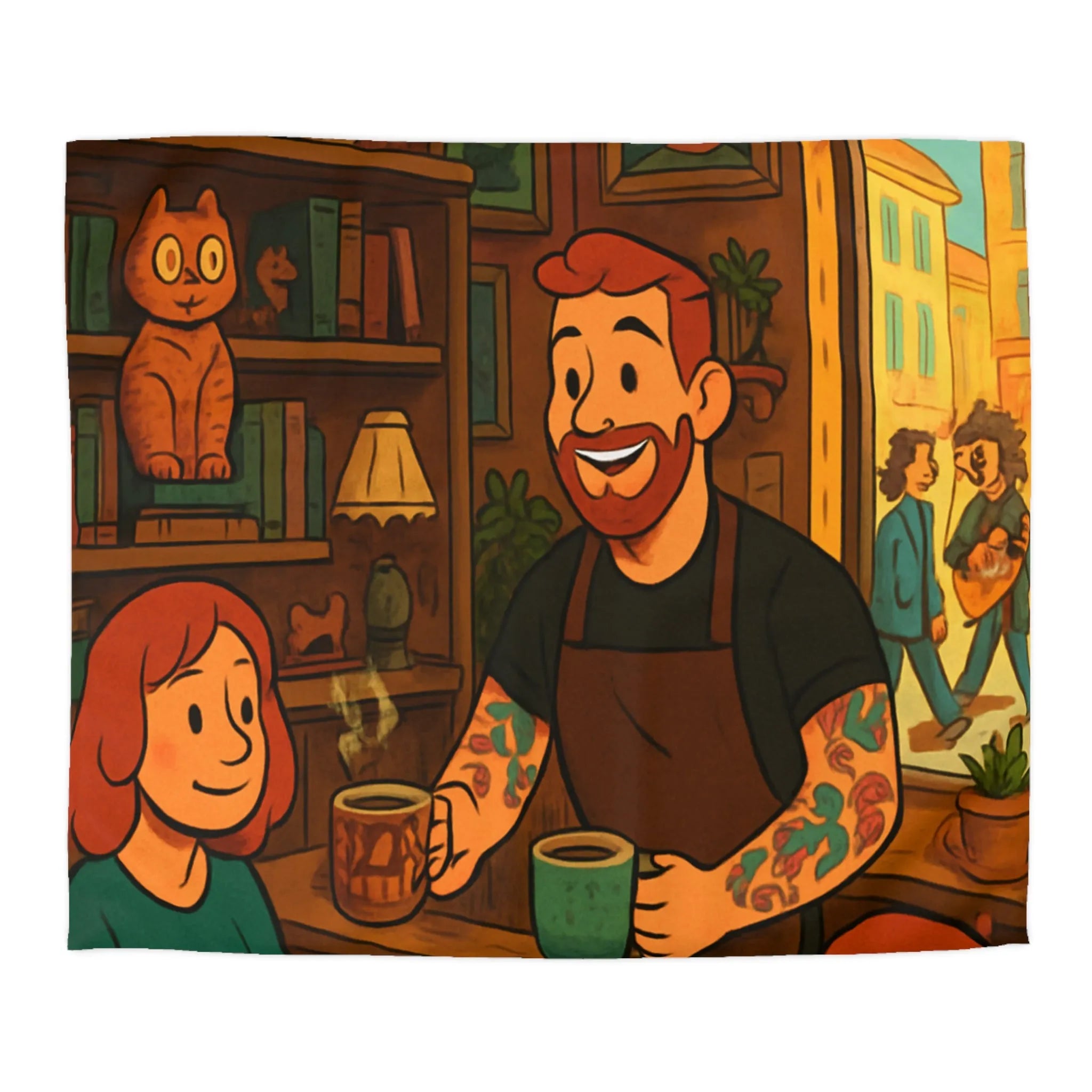 Housse de couette café chaleureux avec illustrations rétro et ambiance vintage colorée