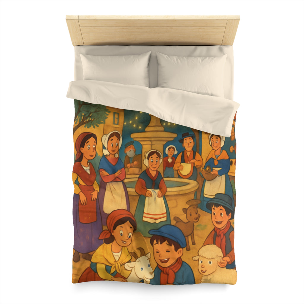 Housse de couette pour enfants avec scène villageoise festive et animaux mignons joyeux