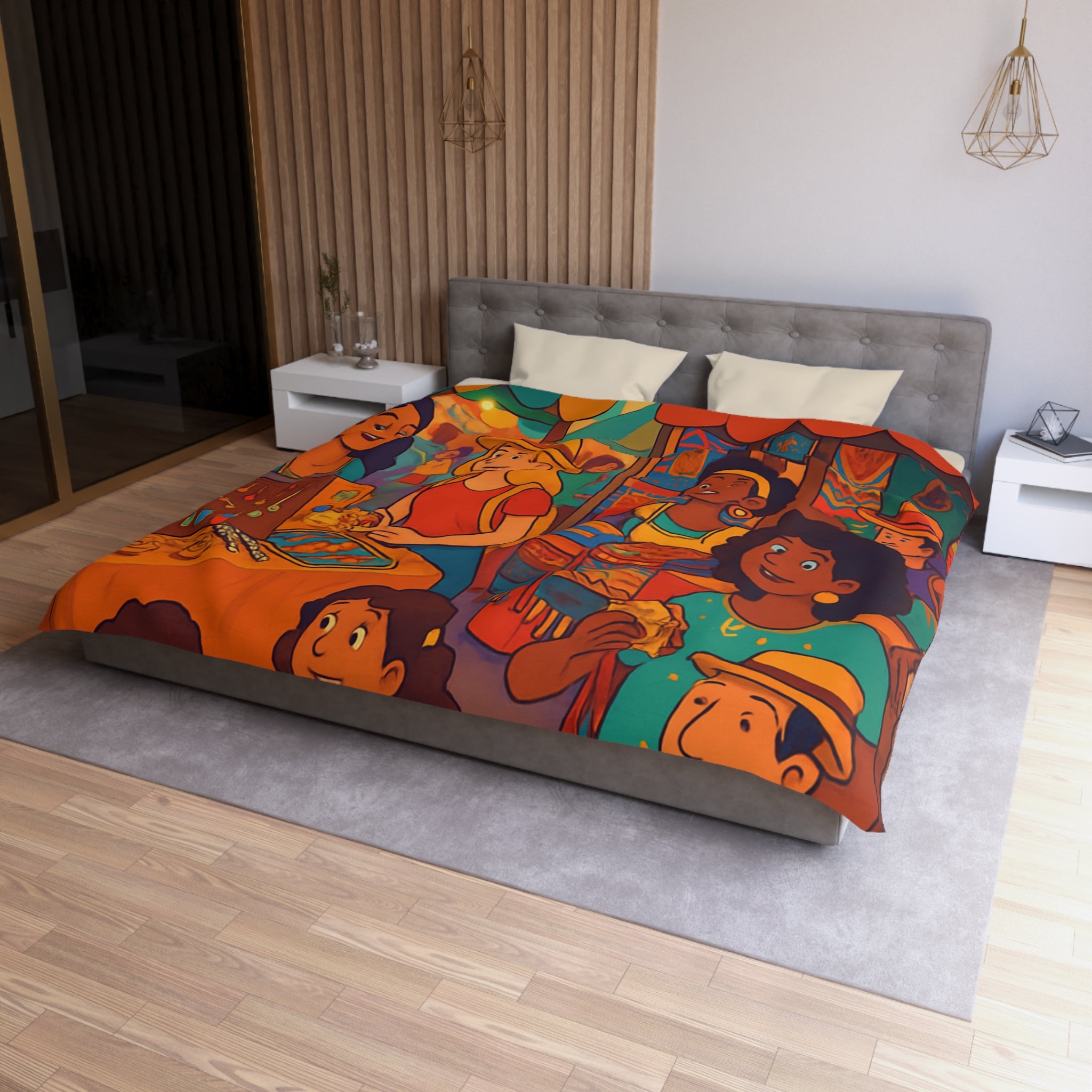 Housse de couette pour enfants avec design marché coloré de nuit animé et festif