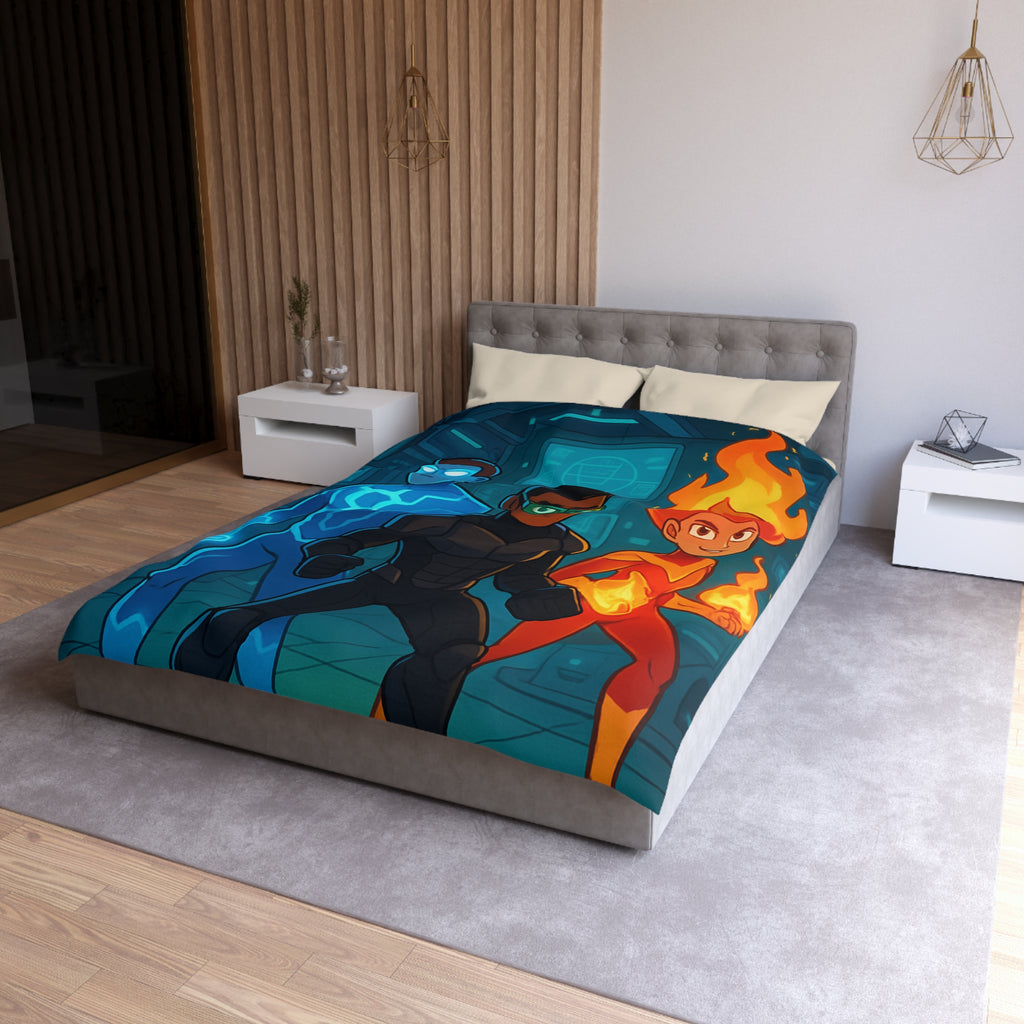 Housse de couette super-héros colorée avec motifs de feu, glace et technologie futuriste