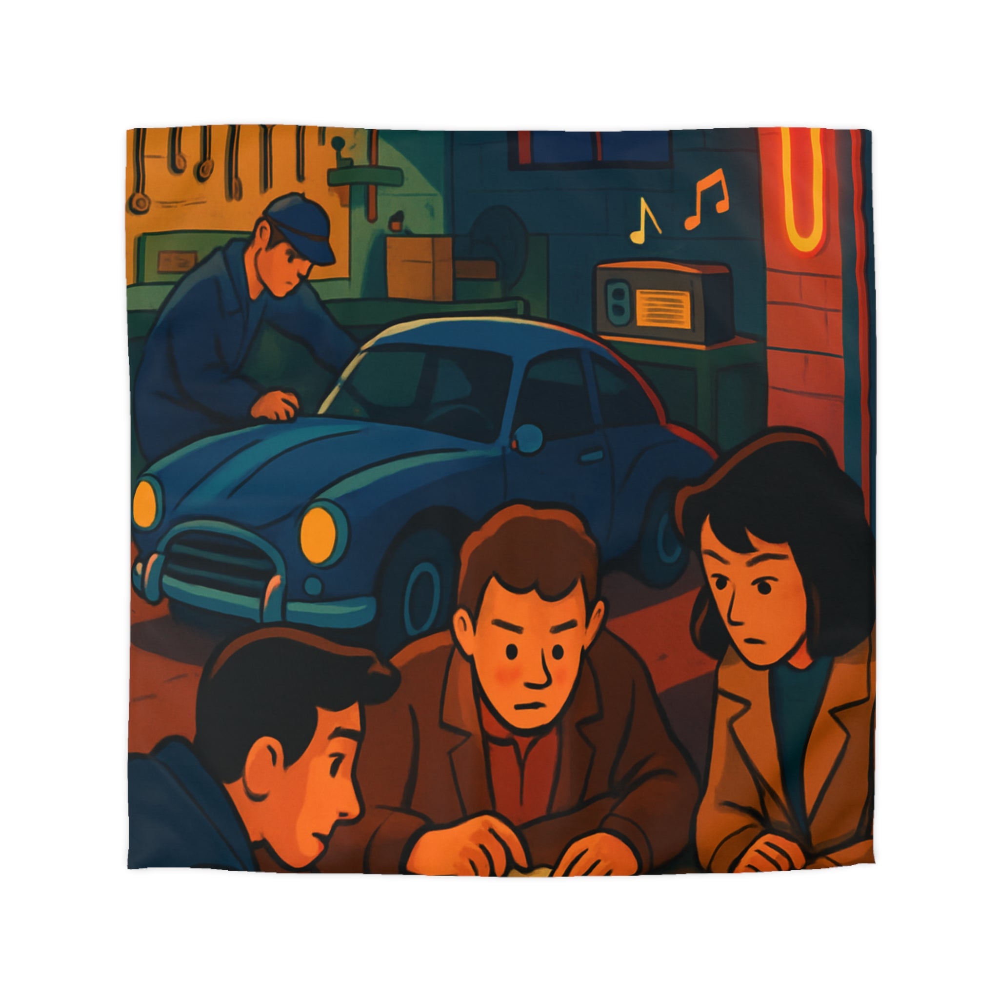 Housse de couette vintage ambiance atelier auto avec carte et personnages concentrés