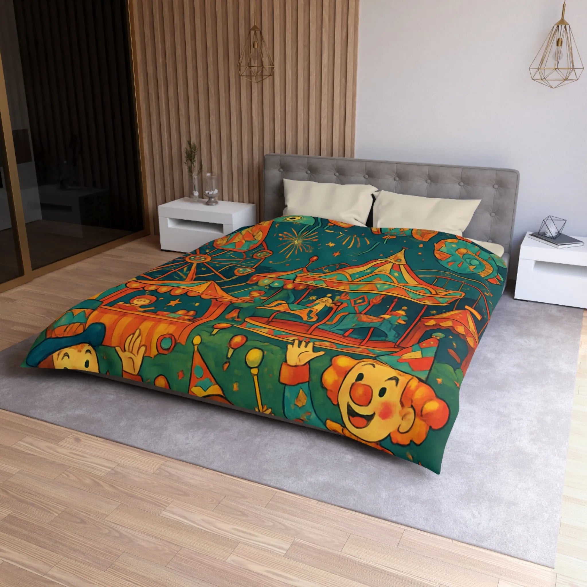 Housse de Couette Enfantine Colorée Fête Foraine avec Manège et Clowns Heureux
