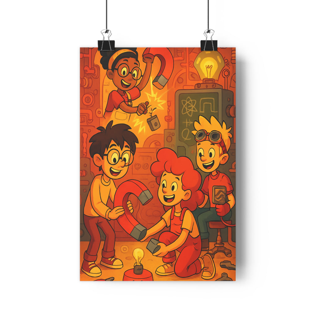 Poster décoratif enfants cartoon steampunk rouge orange atelier créatif ludique aventure innovation chambre jeu