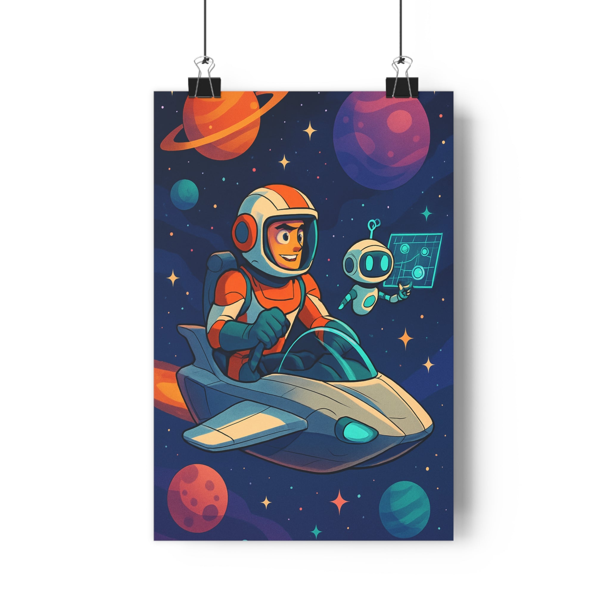 Poster décoratif futuriste dessin animé bleu orange violet aventure chambre enfant cosmos art astronaute