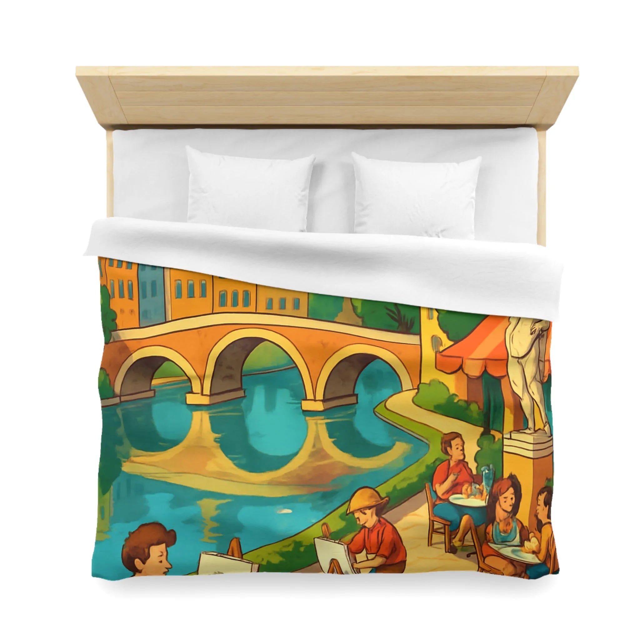 Housse de couette inspirée de ville artistique avec pont et cathédrale colorée