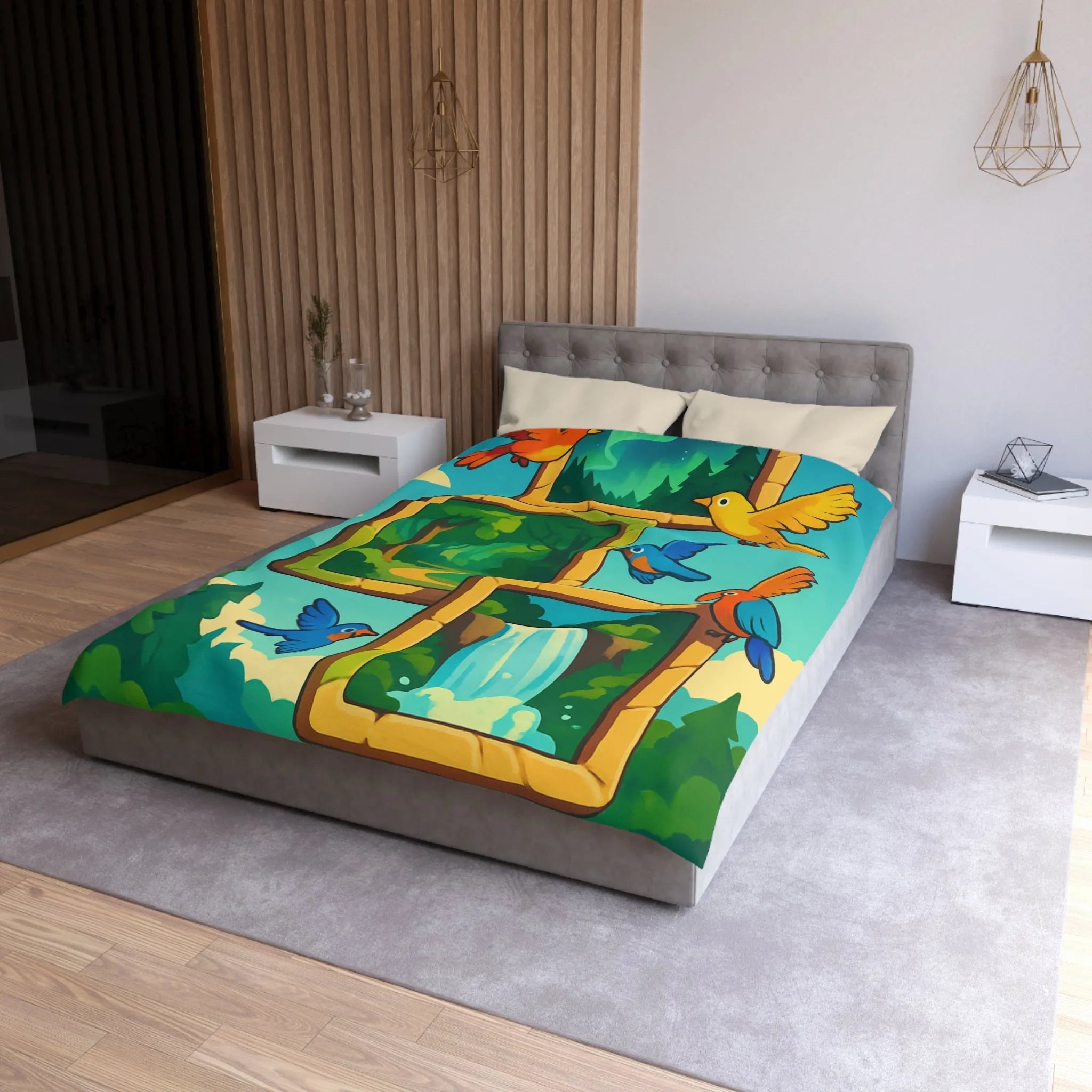 Housse de couette colorée avec oiseaux et scènes de nature paisible et dynamique