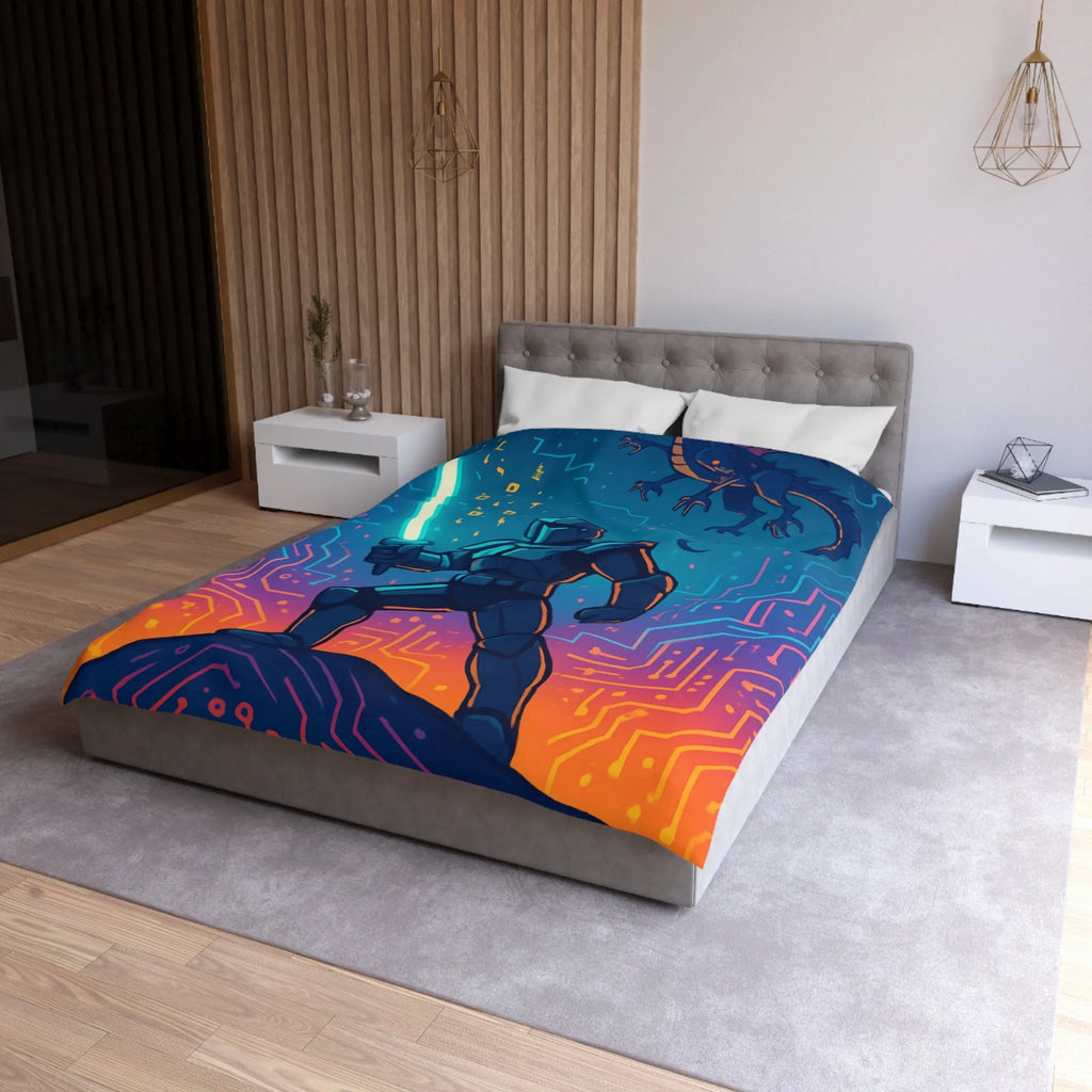 Housse de couette futuriste avec chevalier numérique et dragon volant coloré et épique