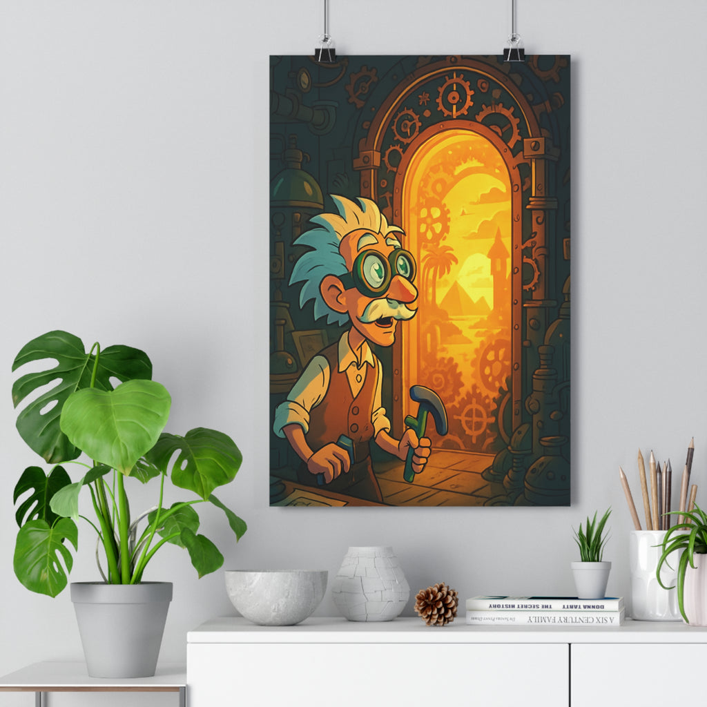 Poster décoratif steampunk inventeur lumière pyramides mystique aventure salon bureau couleurs chaudes unique qualité