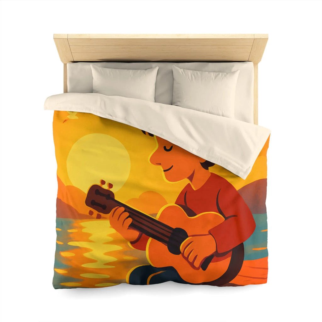 Housse de couette avec illustration relaxante d'un coucher de soleil et musicien