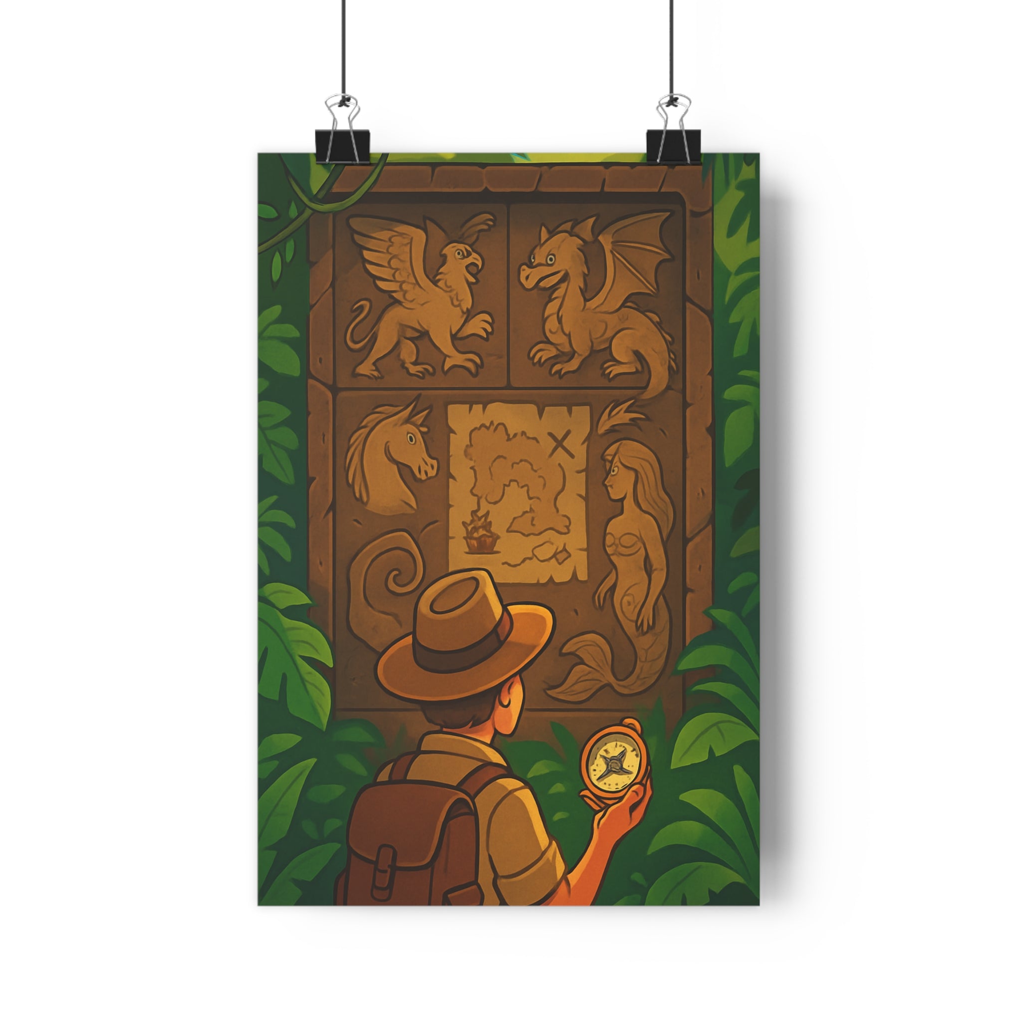 Poster décoratif aventure exploration mystérieux créatures mythiques coloré chaud mur chambre salon boussole vintage