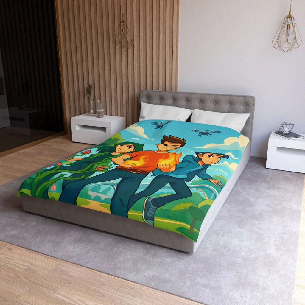 Housse de couette aventure jeune héros, nature et futur avec drones volants