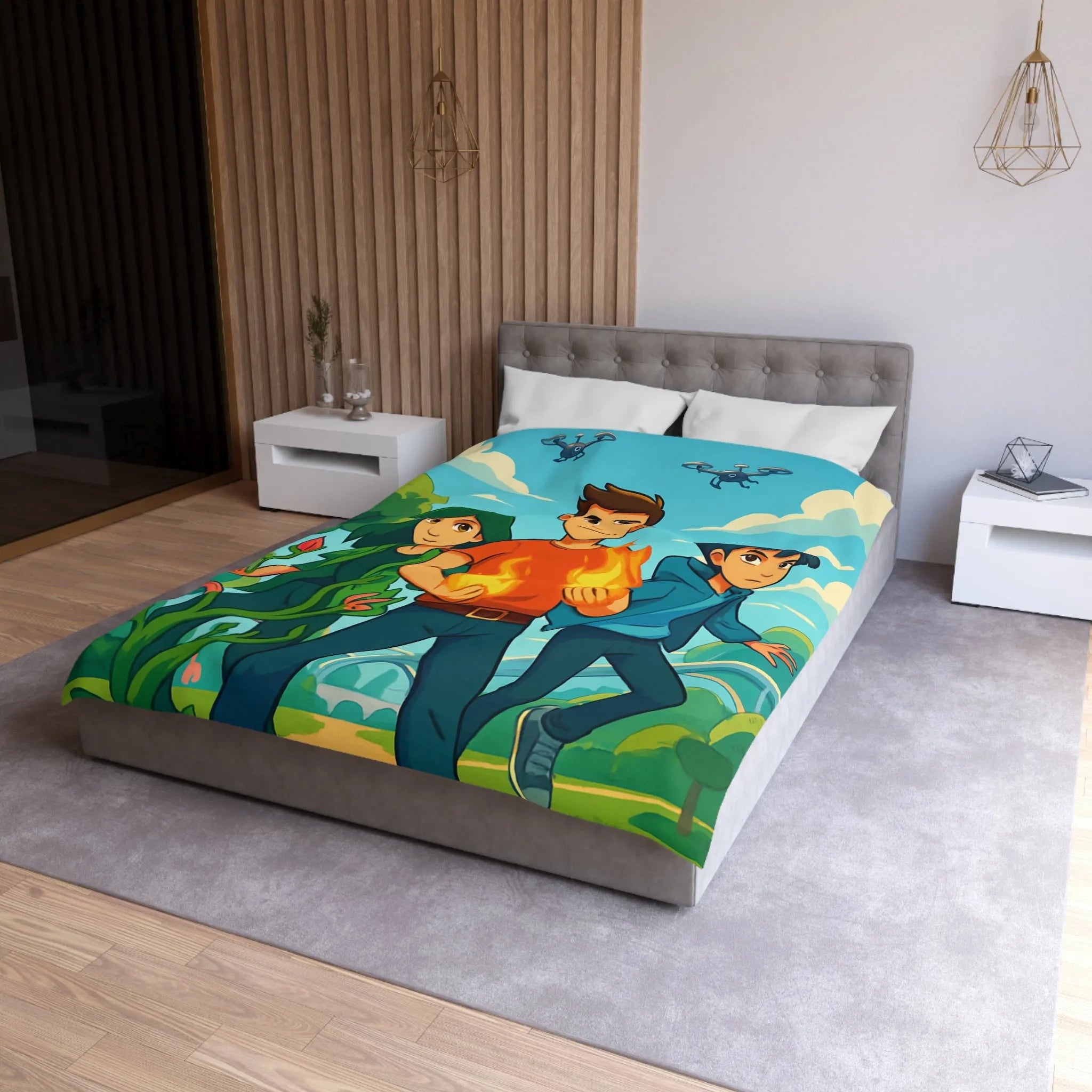 Housse de couette aventure jeune héros, nature et futur avec drones volants