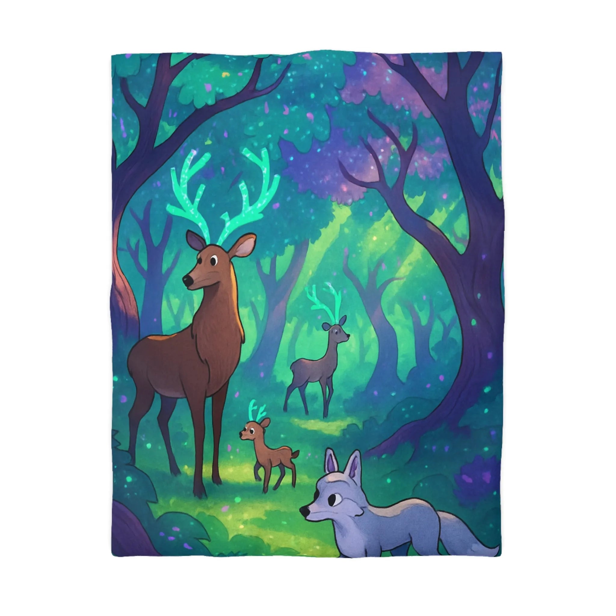 Housse de Couette Forêt Enchantée avec Cerfs Luminescents et Renard Magique Pour Enfants