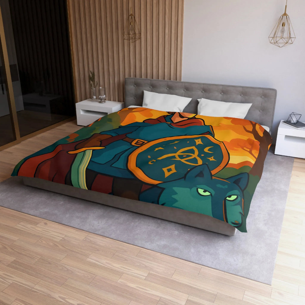 Housse de couette fantastique avec chevalier médiéval et loup dans forêt enchantée vibrante