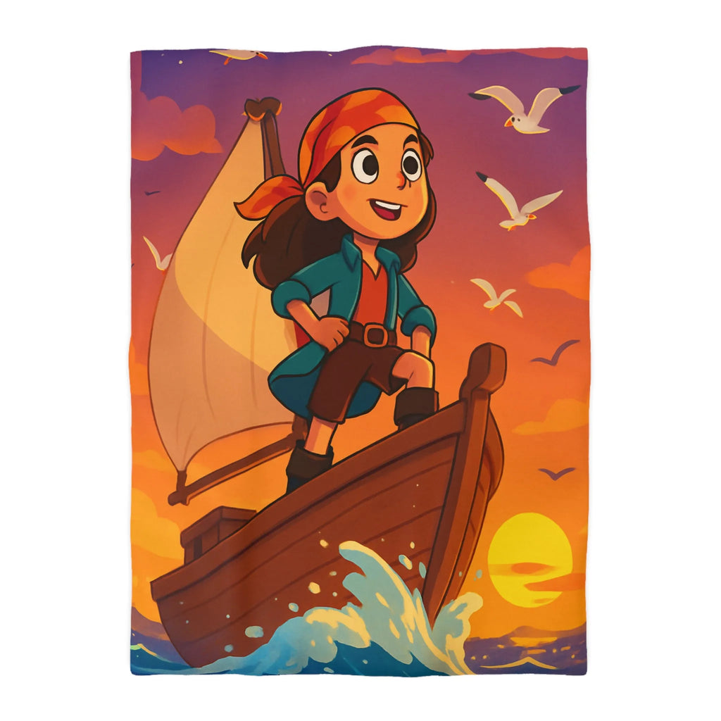 Housse de couette enfant motif pirate aventure en mer avec coucher de soleil vibrant