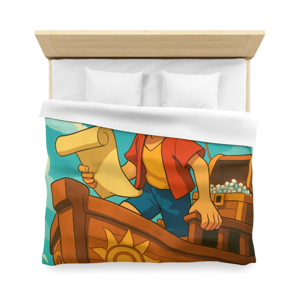 Douce housse de couette enfant motif pirate joyeux en bateau sur vagues bleues