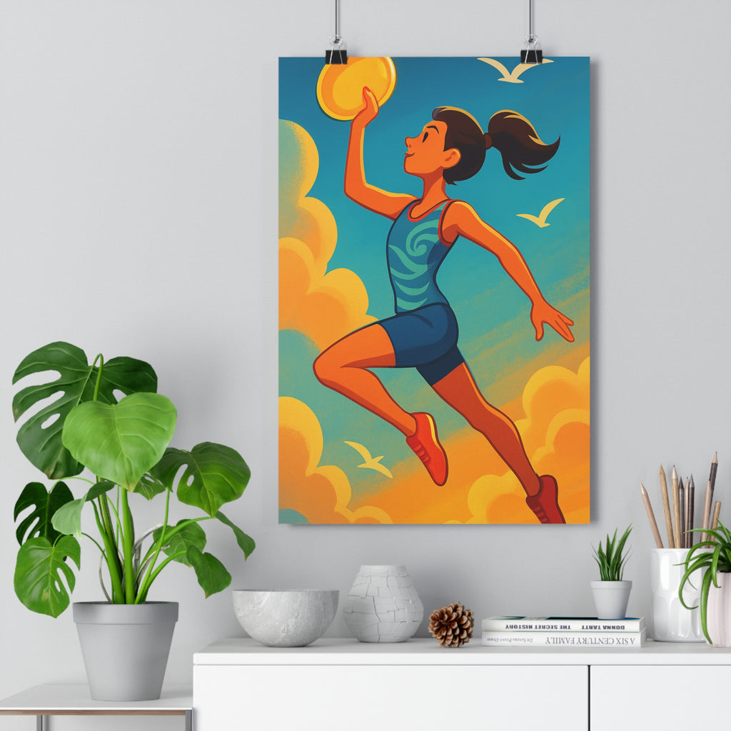 Poster décoratif cartoon dynamique joyeux athlète disque doré bleu orange chambre sport 30x46 cm